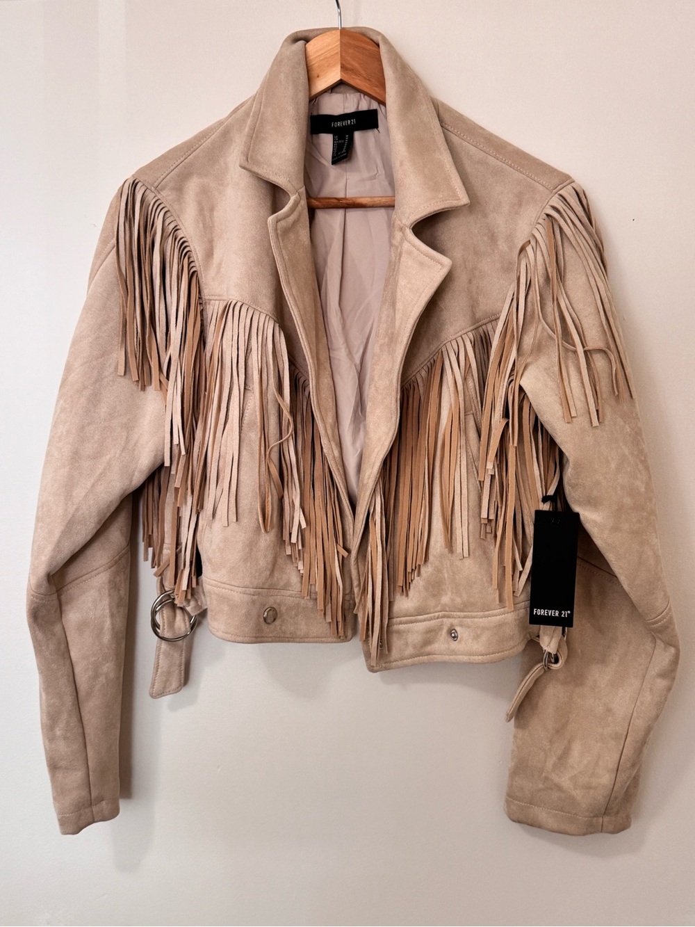 Forever 21 Beige Fringe Faux Suede Moto Jacket